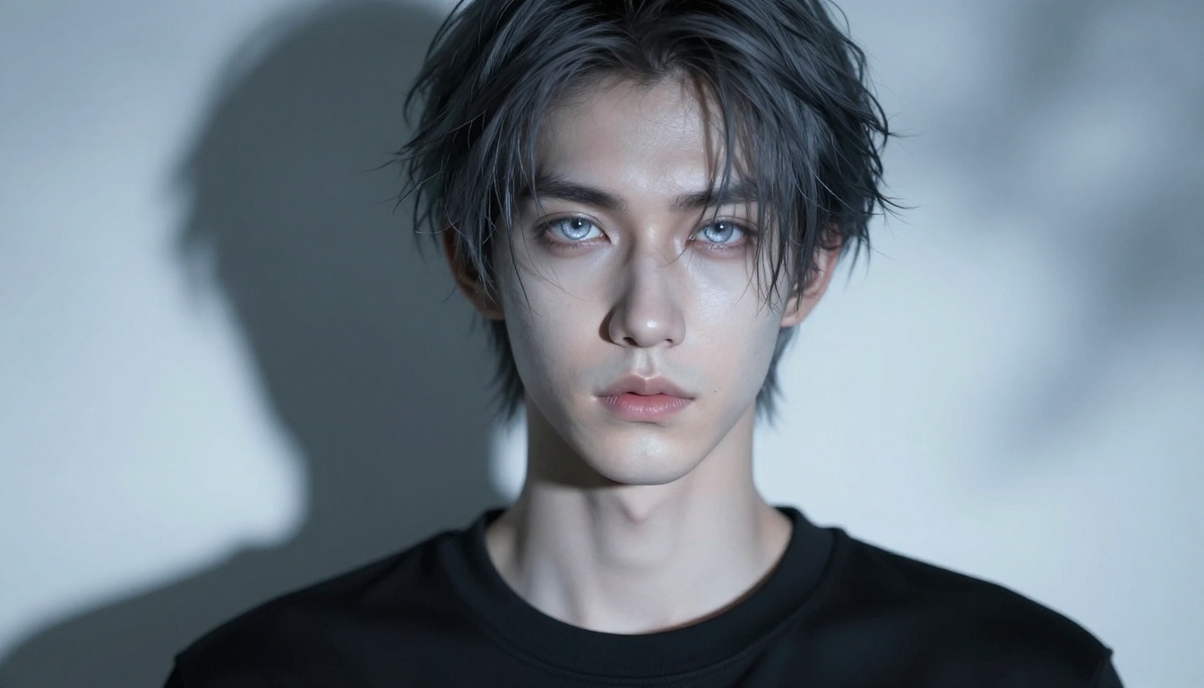 Ashen grey otherworldly skin tone with cool blue studio lighting