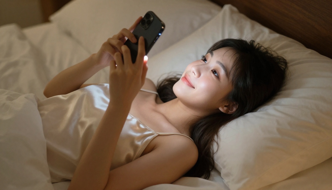 Woman lying on a bed holding a smartphone, warm evening lamp light, playful and relaxed expression Woman lying on a bed holding a smartphone, warm evening lamp light, playful and relaxed expression