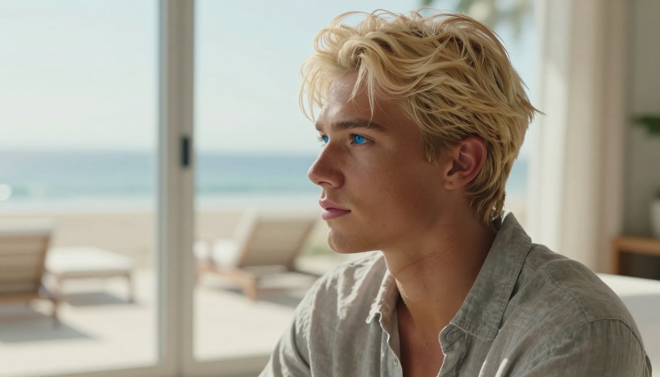 Beach-bronzed tan skin with coastal side profile lighting
