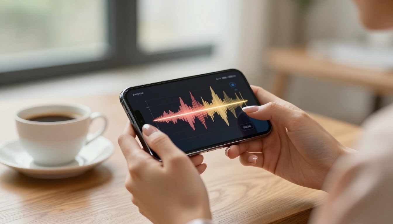 Close-up of hands holding a smartphone with an audio waveform glowing in warm rose and gold tones Close-up of hands holding a smartphone with an audio waveform glowing in warm rose and gold tones