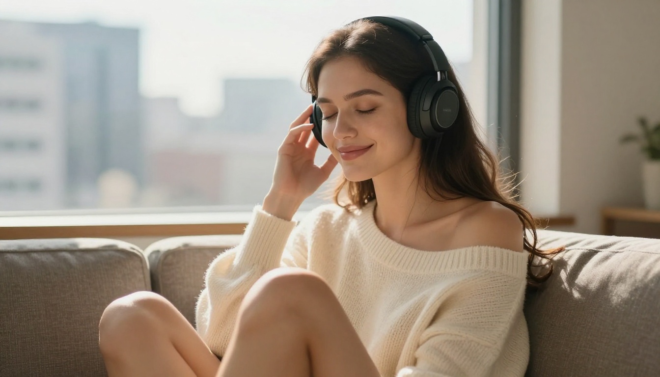 Woman with olive skin wearing headphones, eyes closed, soft private smile in afternoon sunlight Woman with olive skin wearing headphones, eyes closed, soft private smile in afternoon sunlight