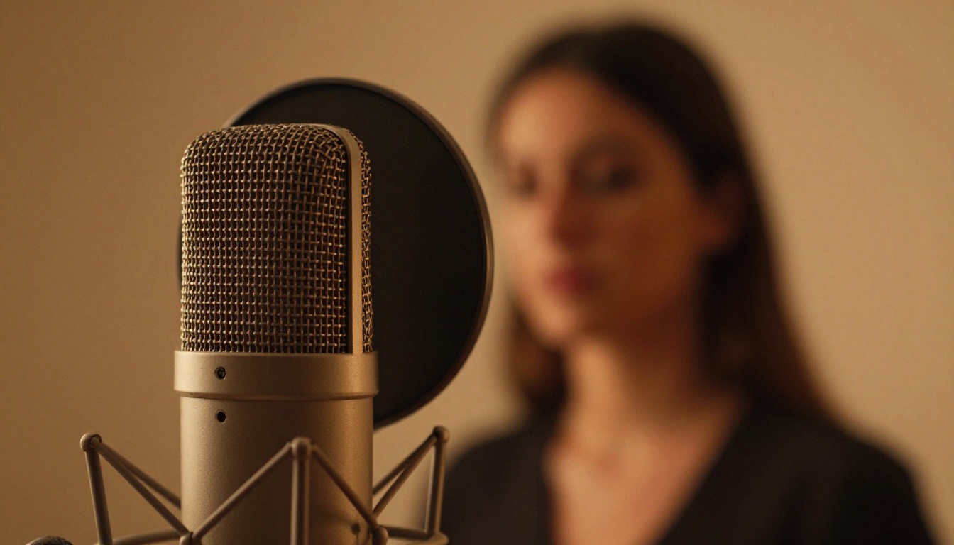 Professional condenser microphone with warm tungsten studio lighting, feminine silhouette in background Professional condenser microphone with warm tungsten studio lighting, feminine silhouette in background