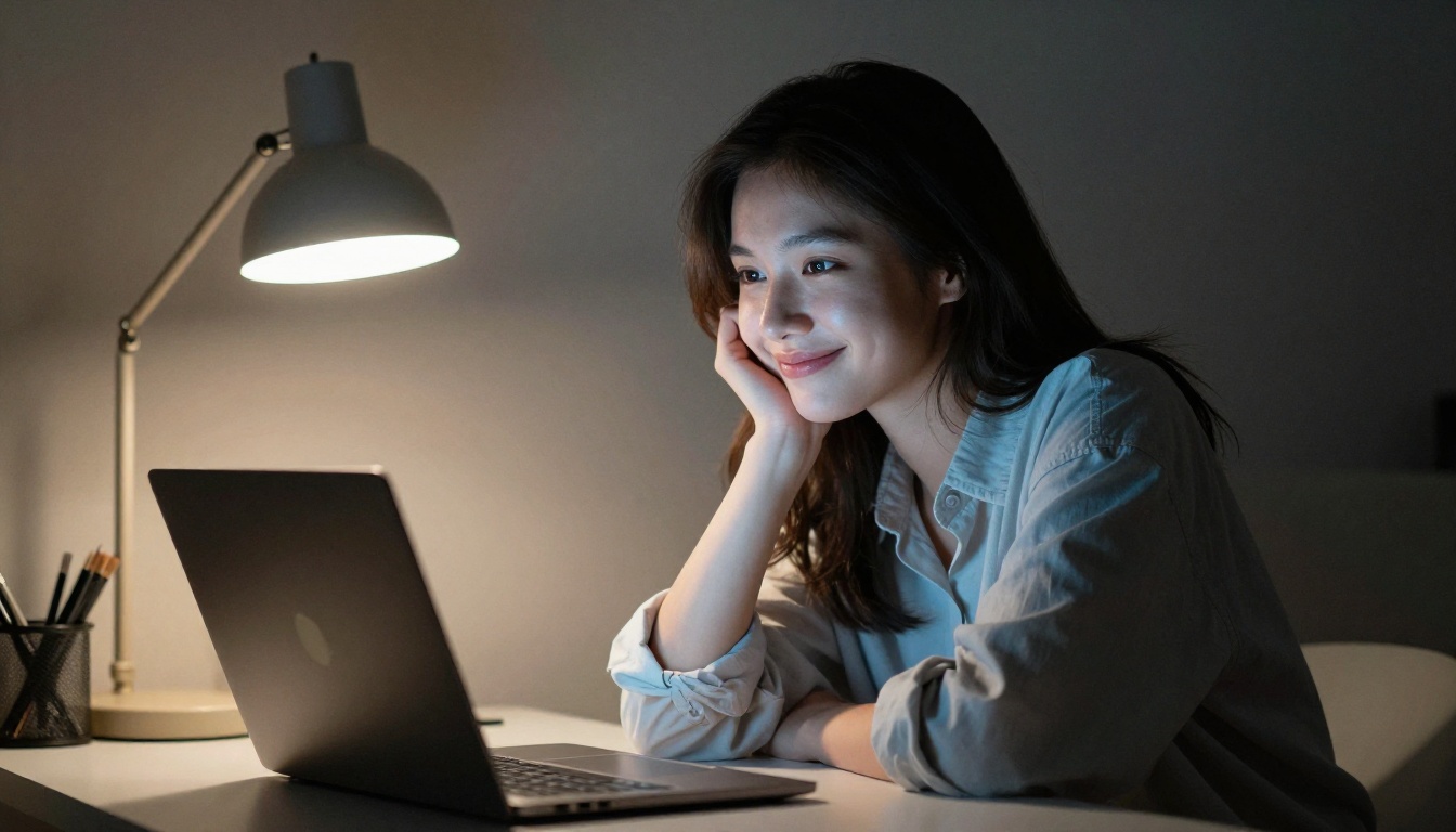 Young woman at a minimalist desk late at night, laptop glow on her face, thoughtful playful smile Young woman at a minimalist desk late at night, laptop glow on her face, thoughtful playful smile