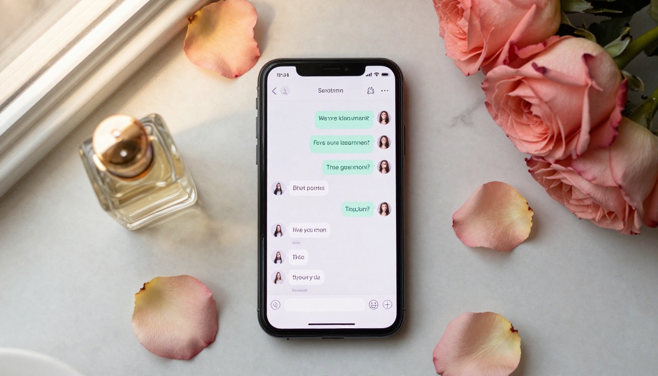 Aerial flat lay of a smartphone with chat bubbles on marble surface, rose petals and cappuccino cup, warm morning light Aerial flat lay of a smartphone with chat bubbles on marble surface, rose petals and cappuccino cup, warm morning light