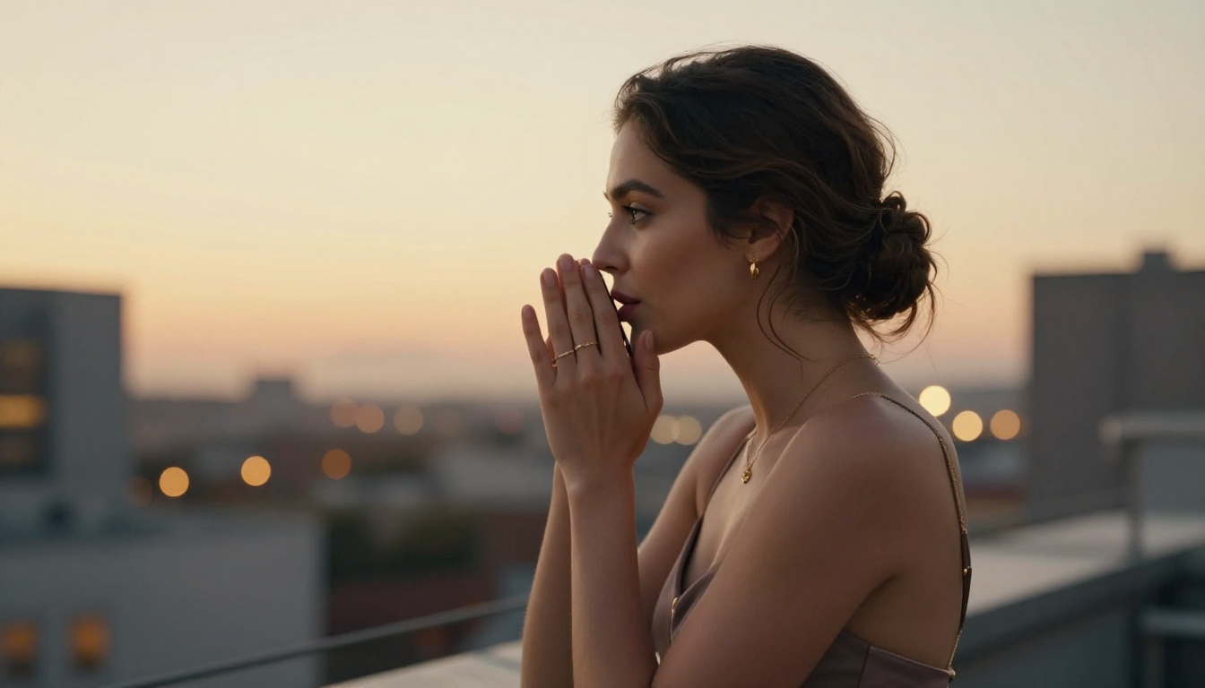 Side profile of an attractive woman holding a phone to her lips, whispering, golden hour city lights behind her Side profile of an attractive woman holding a phone to her lips, whispering, golden hour city lights behind her