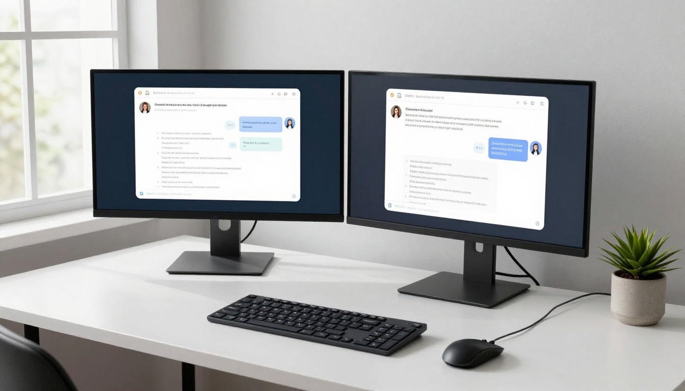 A modern minimalist dual-monitor desk setup displaying AI chatbot interfaces with conversation threads, natural daylight from the window