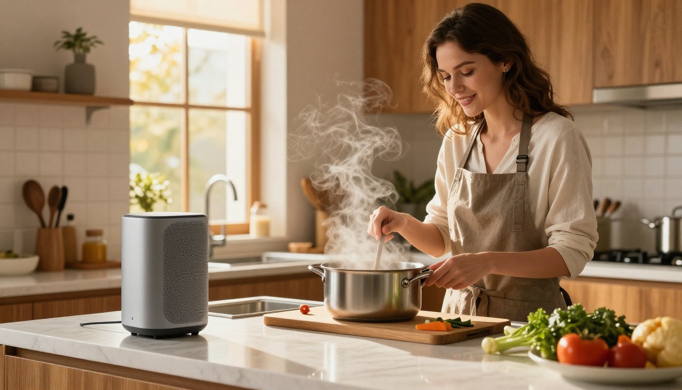 A woman speaking naturally to a smart speaker in a bright kitchen, warm afternoon sunlight streaming across marble countertops