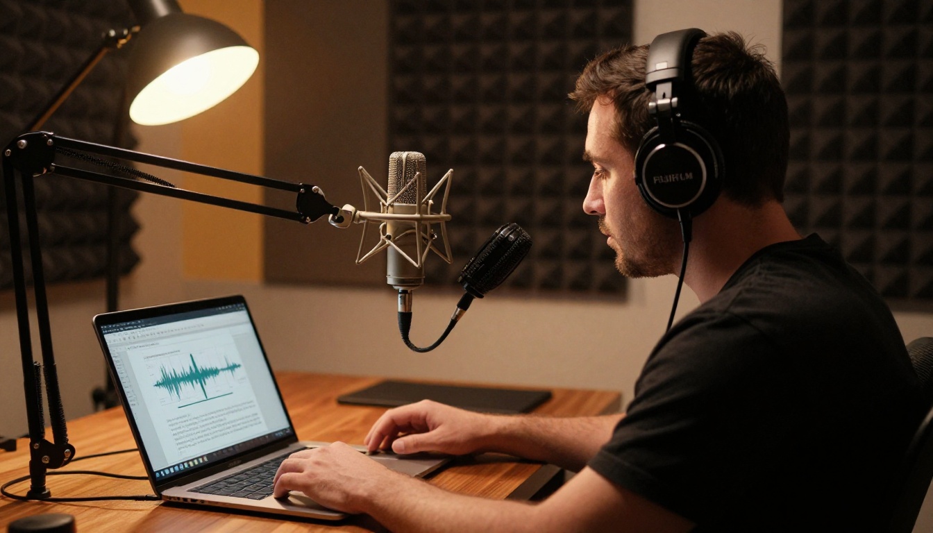 A man in a professional podcast studio with over-ear headphones, microphone, and a laptop displaying real-time speech-to-text transcription