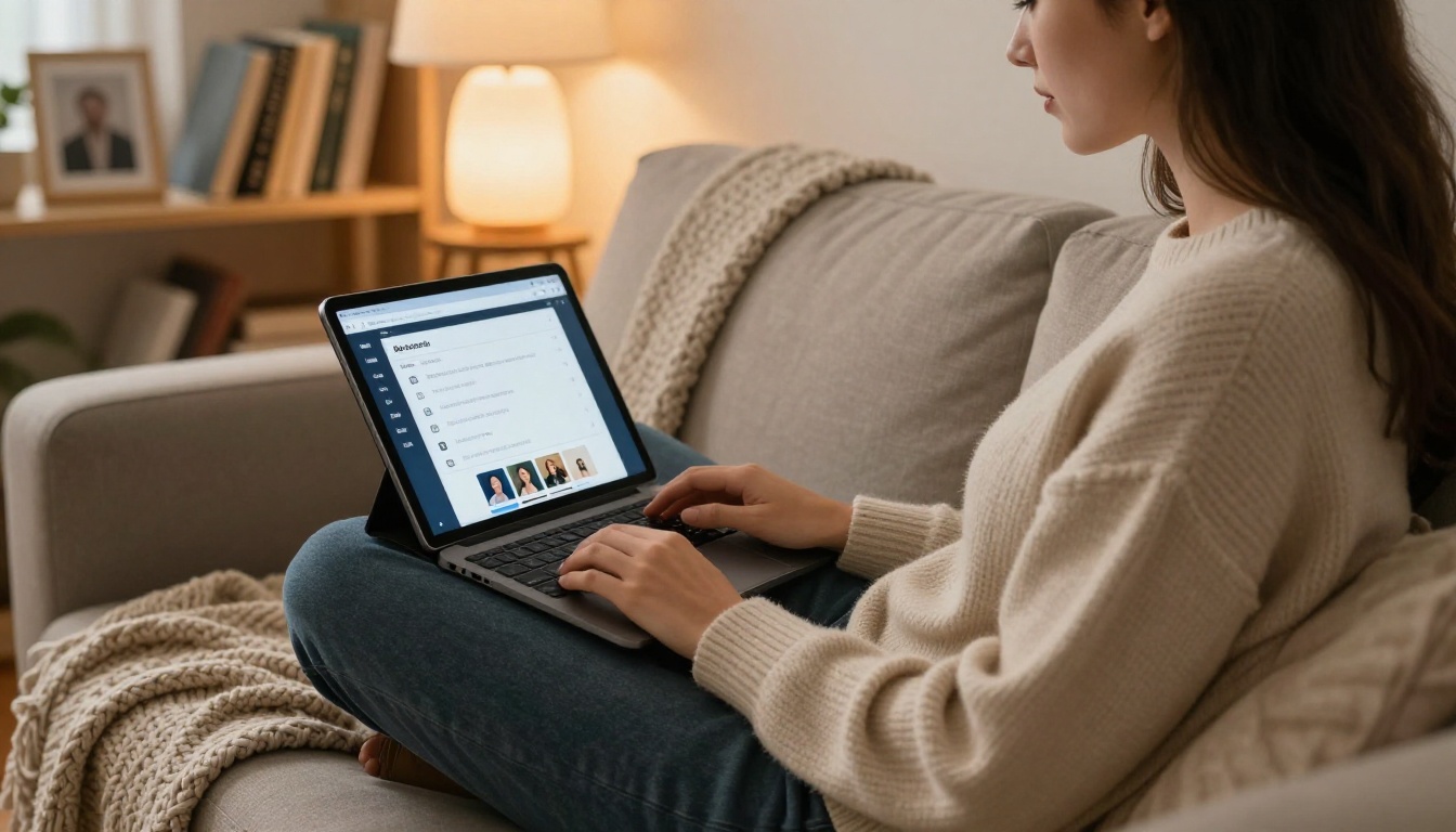A woman sitting cross-legged on a cozy sofa with a tablet showing personalized AI assistant preferences and saved conversation history