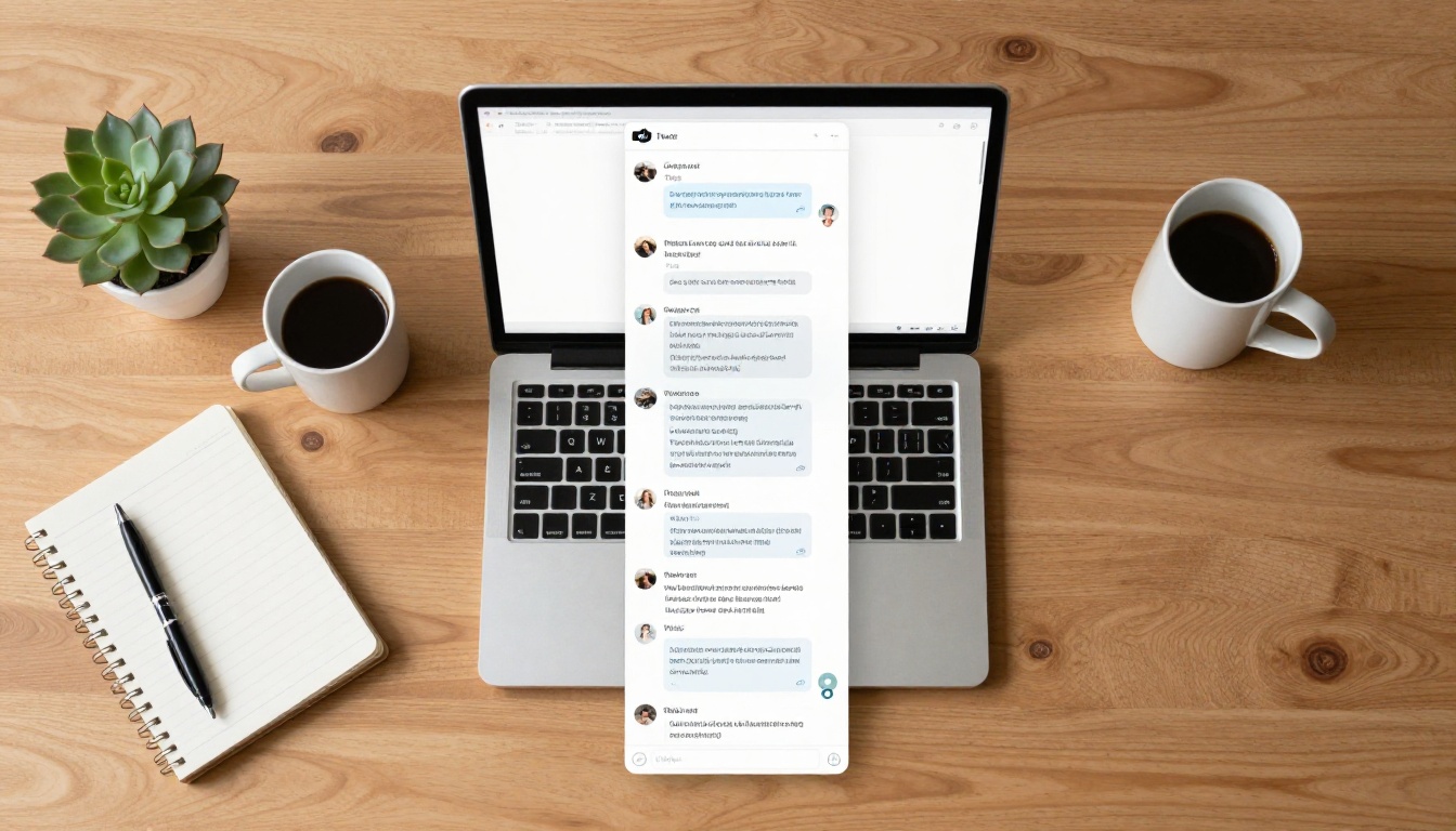 Aerial top-down view of a laptop showing a long AI chat thread on screen, surrounded by a notebook, pen, coffee mug, and succulent plant on a wooden desk