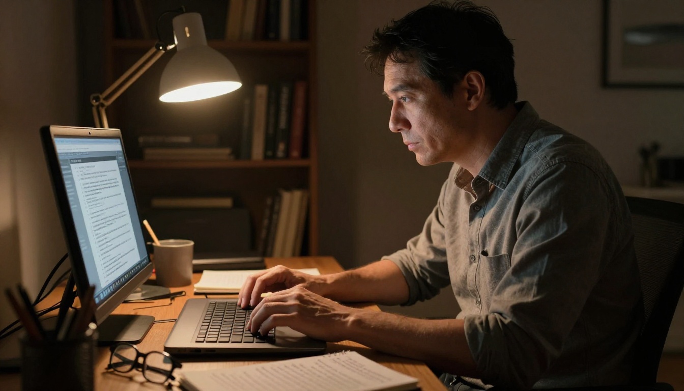 A man working late at night at a home office desk, focused on a laptop displaying an AI text generation interface, warm desk lamp light
