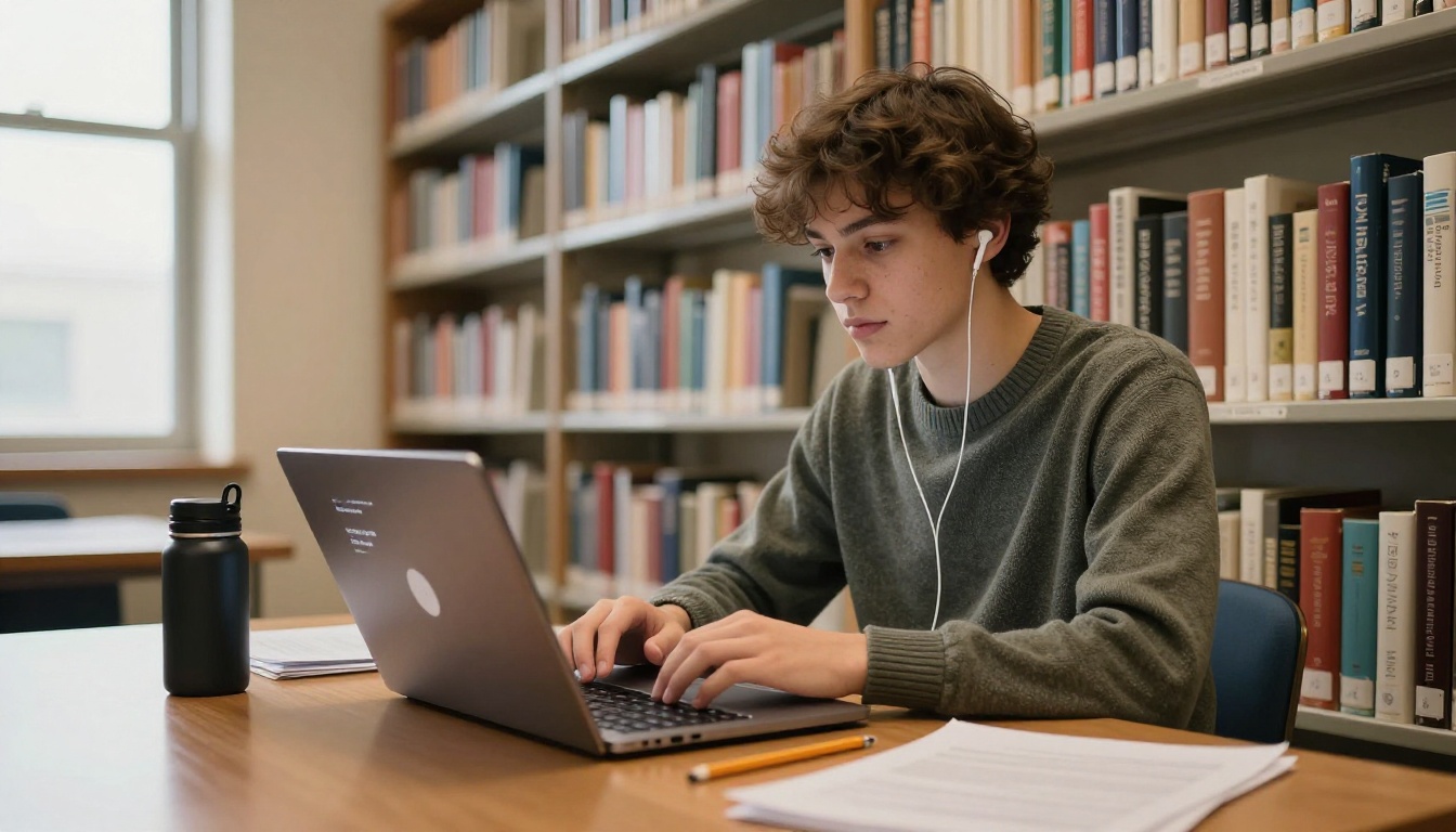 A university student at a library table with a laptop and earbuds, speech-to-text captions appearing on screen, warm incandescent library lighting