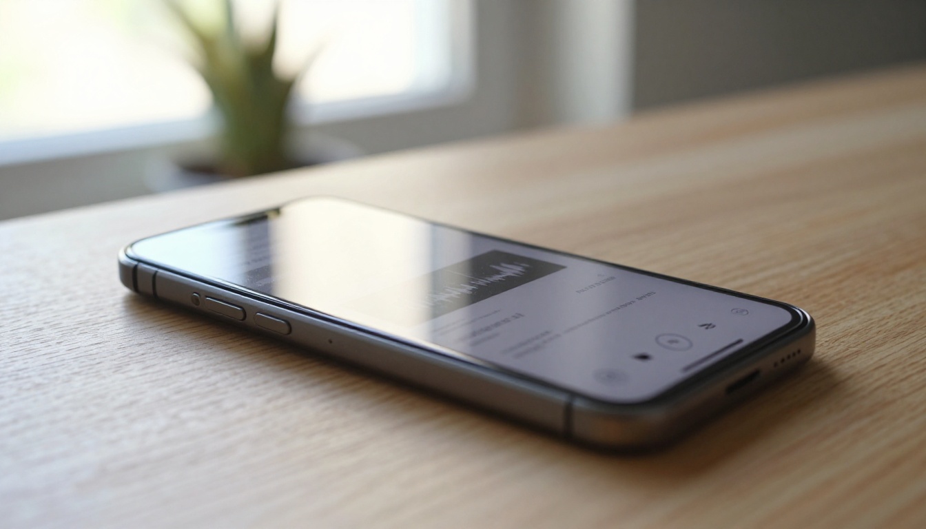 Close-up low-angle shot of a smartphone on an oak table displaying a text-to-speech AI interface with audio waveform, morning backlight creating a soft rim halo