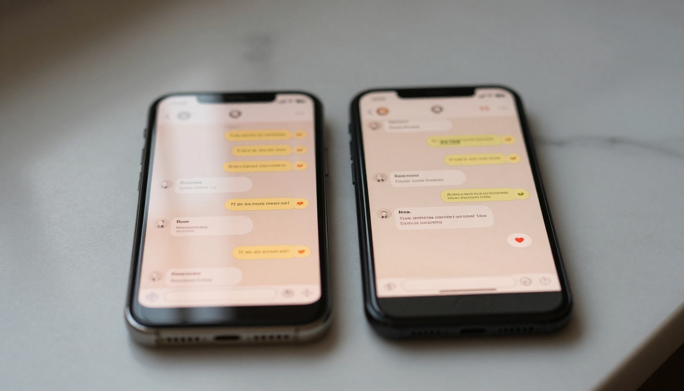Two smartphones showing intimate chat interface on marble table, morning light Two smartphones showing intimate chat interface on marble table, morning light
