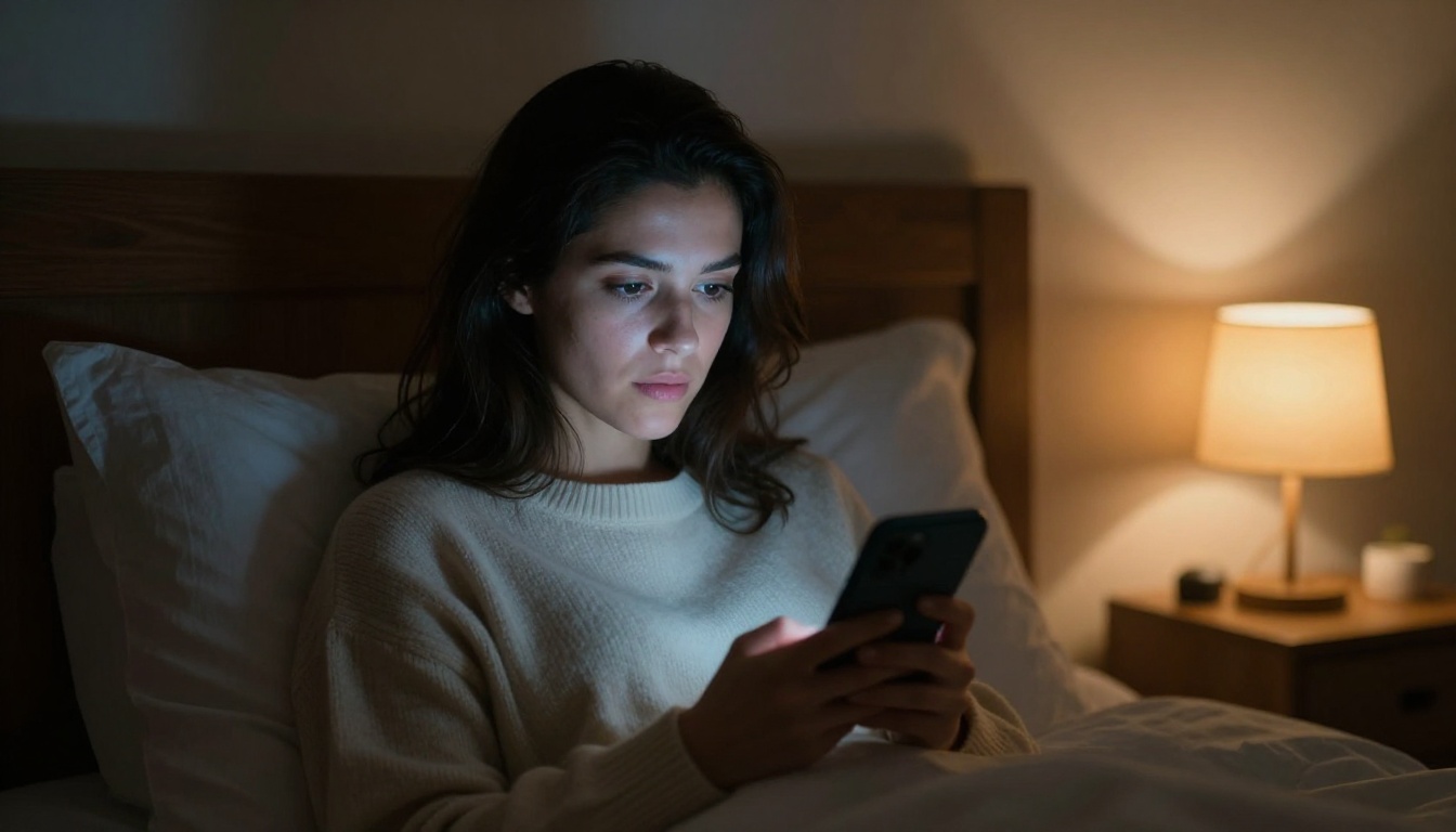 Attractive woman looking at phone in dimly lit bedroom, screen light illuminating her face Attractive woman looking at phone in dimly lit bedroom, screen light illuminating her face