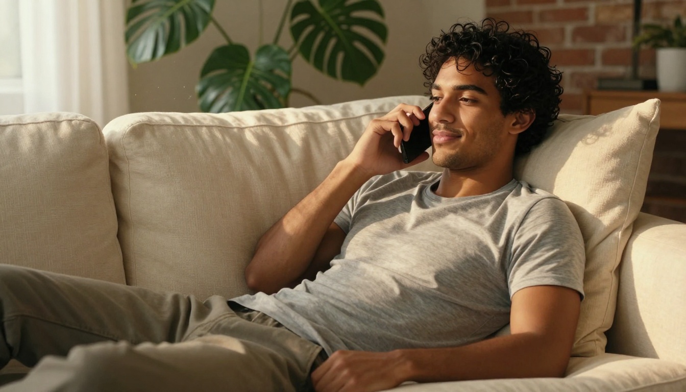 Handsome dark-haired man lounging on cream linen sofa, warm afternoon diffused light Handsome dark-haired man lounging on cream linen sofa, warm afternoon diffused light