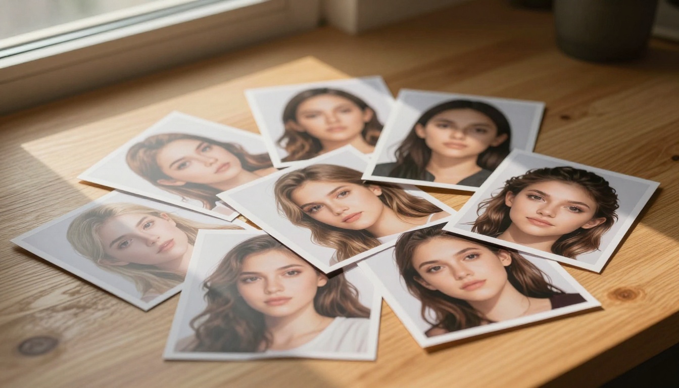 Flat lay of photorealistic AI portrait prints on oak wood surface, morning window light Flat lay of photorealistic AI portrait prints on oak wood surface, morning window light