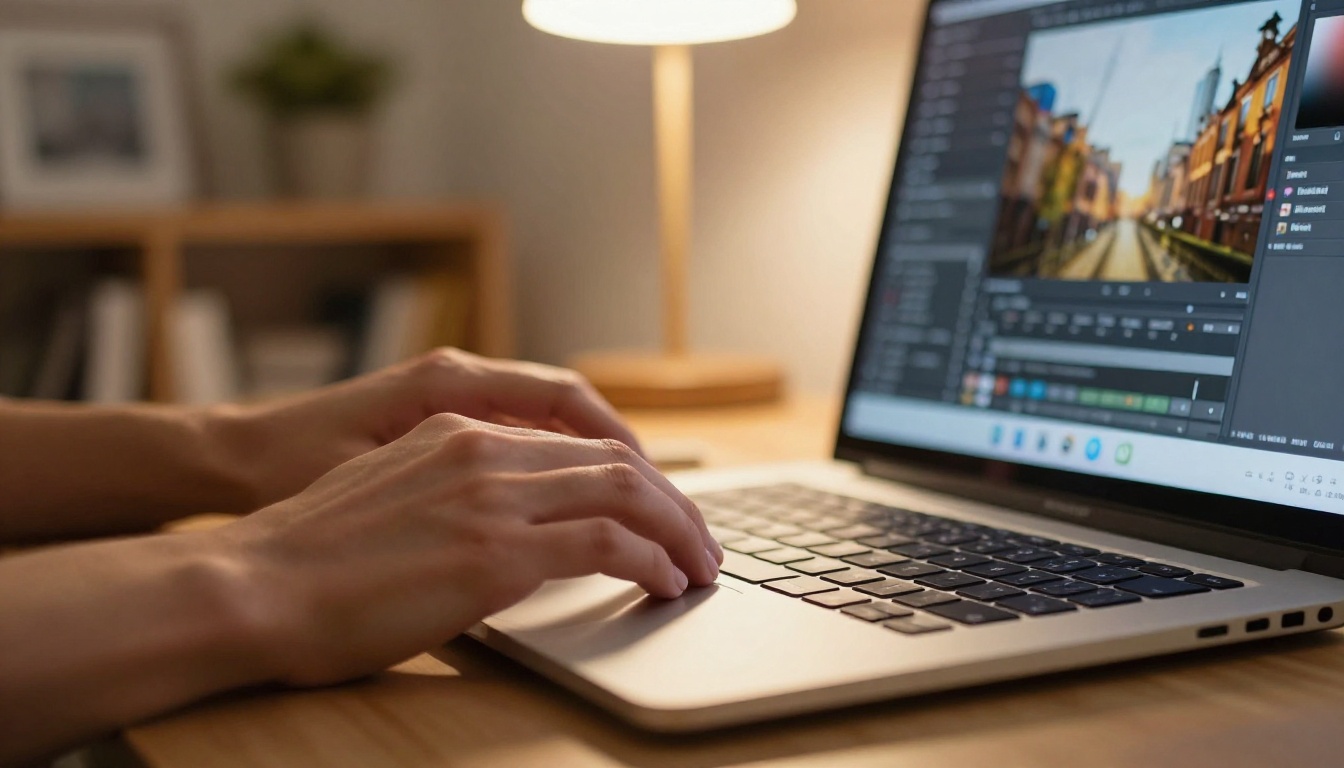 Person's hands on MacBook keyboard, image editing interface glowing on screen, desk lamp light Person's hands on MacBook keyboard, image editing interface glowing on screen, desk lamp light