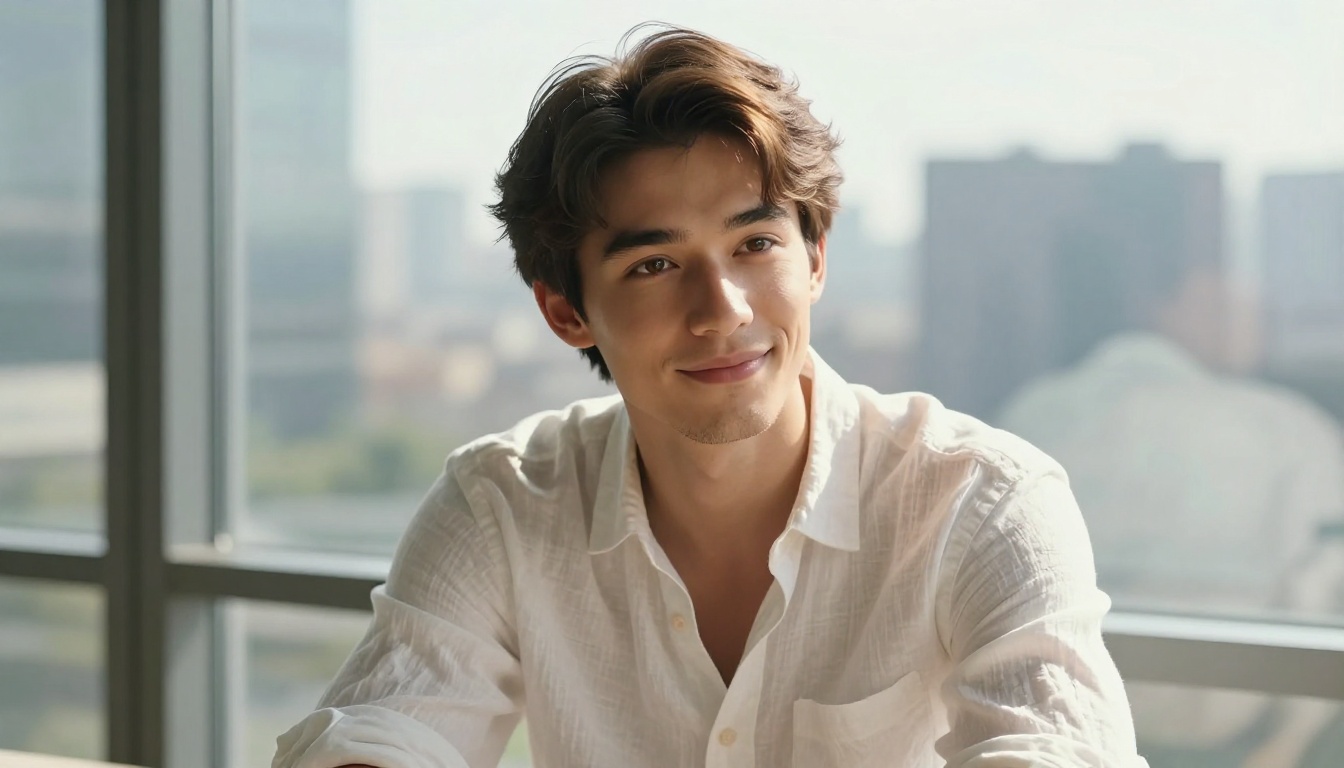Attractive young man with morning sun rim light behind him, city skyline through window Attractive young man with morning sun rim light behind him, city skyline through window
