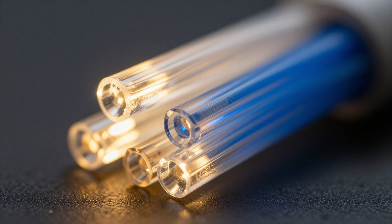 Macro close-up of fiber optic cable ends with warm amber and blue light transmission Macro close-up of fiber optic cable ends with warm amber and blue light transmission
