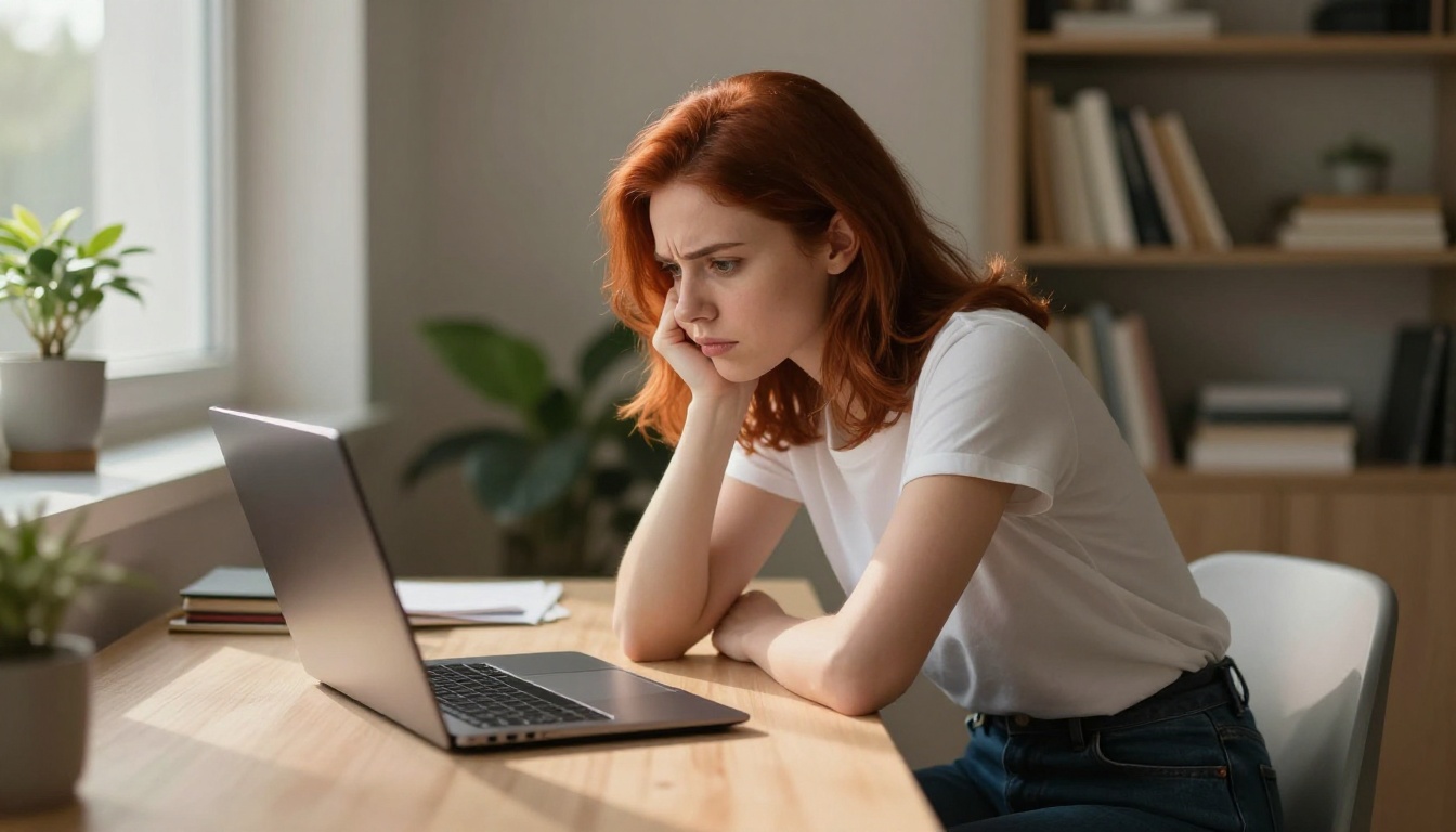 Young woman at minimalist desk with thoughtful frustrated expression looking at laptop Young woman at minimalist desk with thoughtful frustrated expression looking at laptop