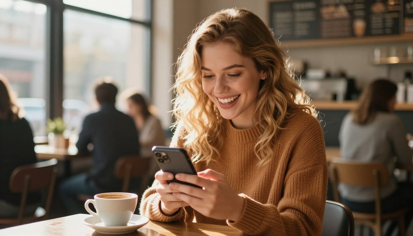 Beautiful woman in bright café looking at phone with excitement, golden morning light Beautiful woman in bright café looking at phone with excitement, golden morning light