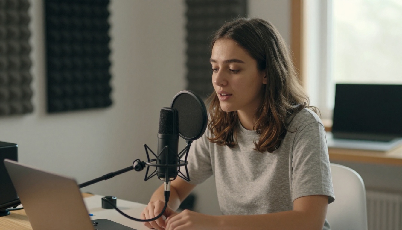 Young woman recording voice audio at a cozy home studio with USB microphone
