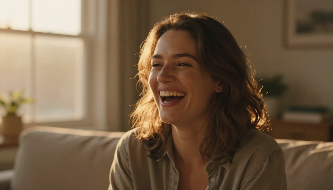 Woman laughing naturally showing authentic lip and mouth movement in warm golden-hour light