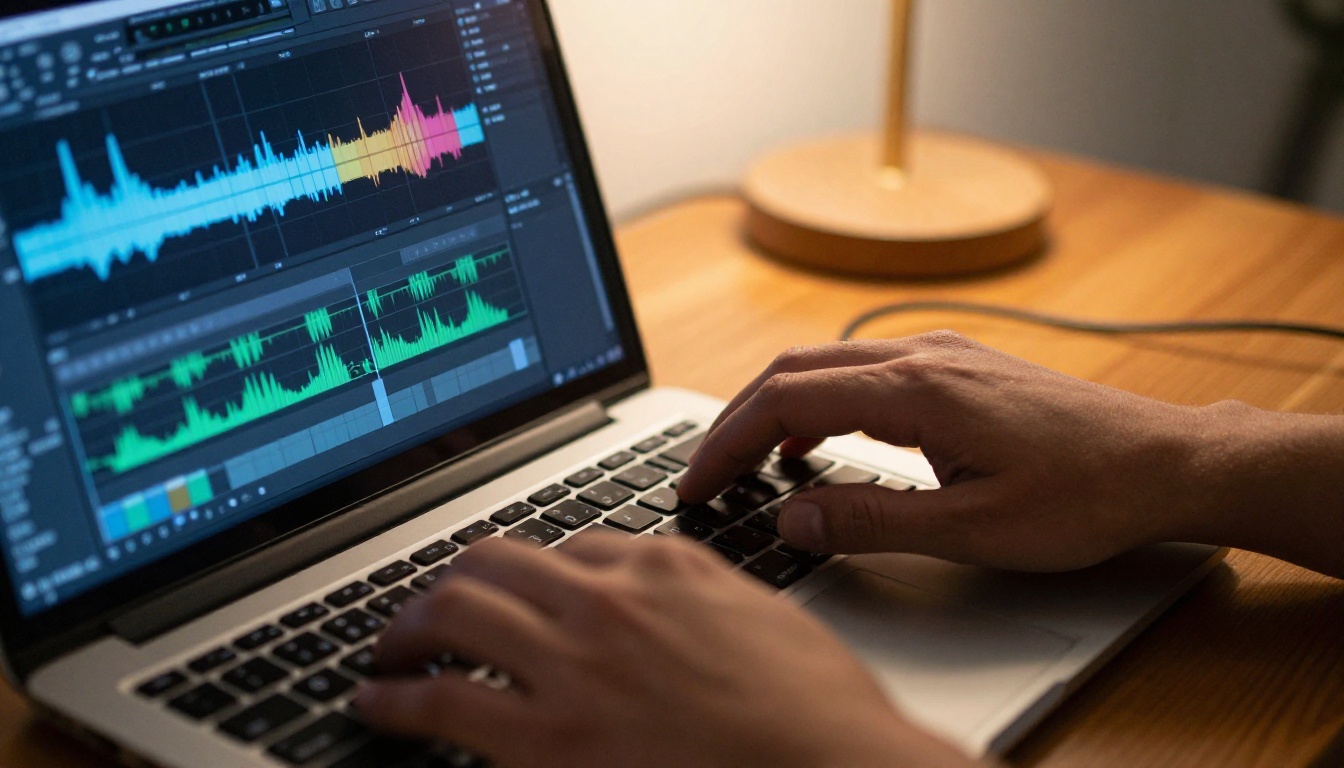 Hands editing audio waveform on laptop screen in warm home studio environment