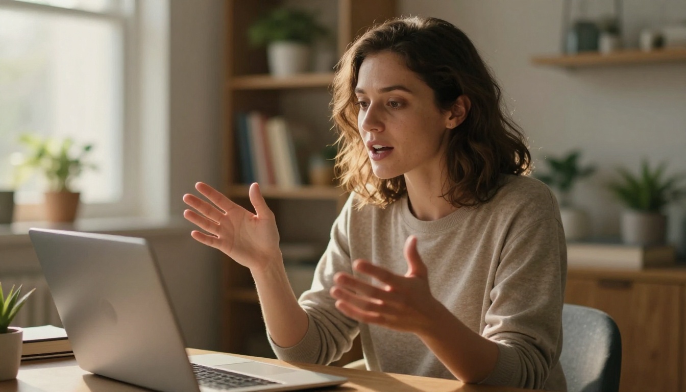 Woman speaking expressively to laptop in a warm modern home office with natural afternoon light