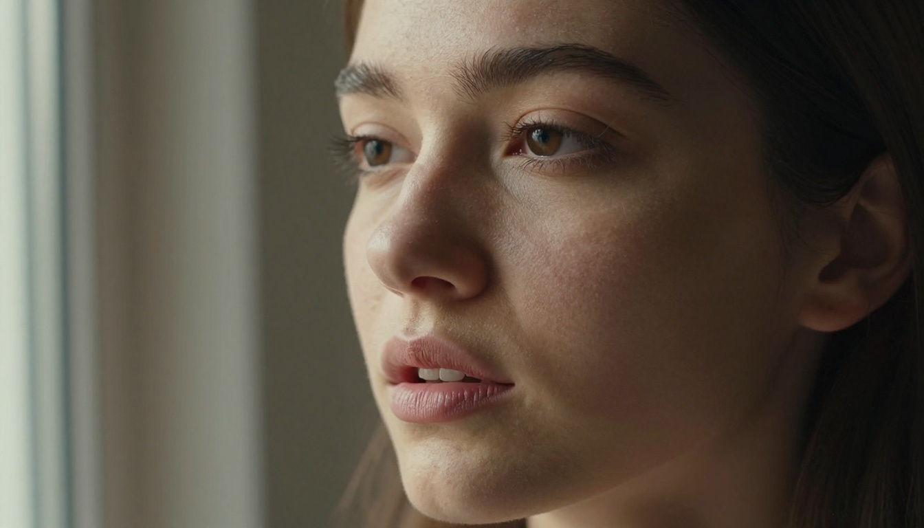 Close-up portrait with dramatic side lighting revealing authentic speech expression and skin detail