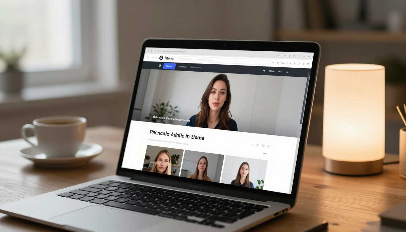 Modern laptop displaying an AI video generation platform interface with a talking avatar preview