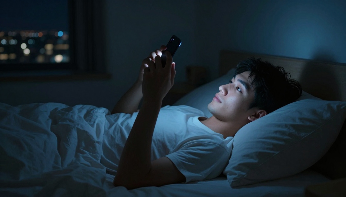 Man lying on his back in bed at night, phone screen casting soft blue-white glow on his face Man lying on his back in bed at night, phone screen casting soft blue-white glow on his face