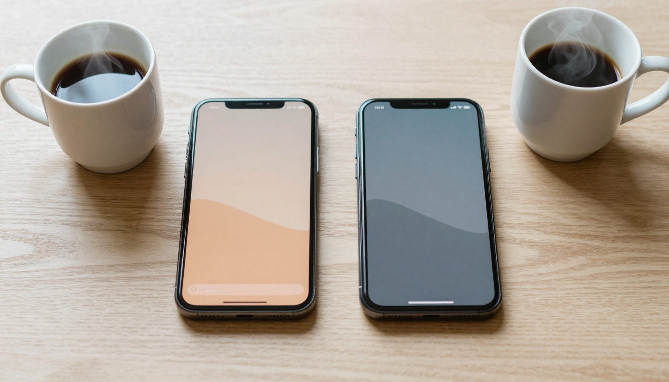 Two smartphones side by side showing chat interfaces in natural morning light on a wooden surface Two smartphones side by side showing chat interfaces in natural morning light on a wooden surface
