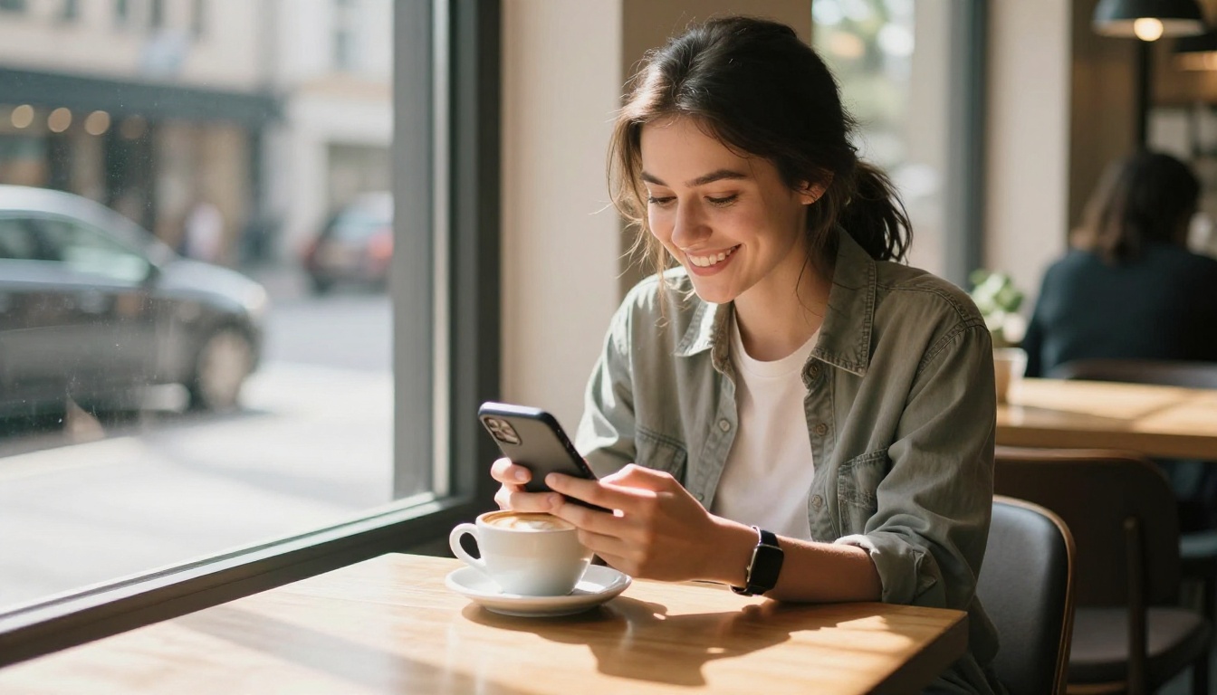 Young woman smiling at her phone in a sunlit cafe, coffee cup beside her Young woman smiling at her phone in a sunlit cafe, coffee cup beside her
