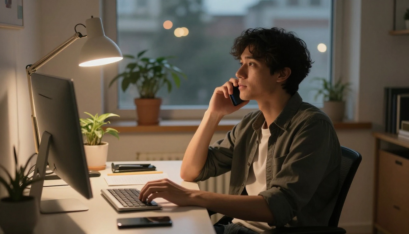 Man in his early thirties leaning back at a home office desk, phone in hand, looking thoughtfully into the distance, warm desk lamp Man in his early thirties leaning back at a home office desk, phone in hand, looking thoughtfully into the distance, warm desk lamp