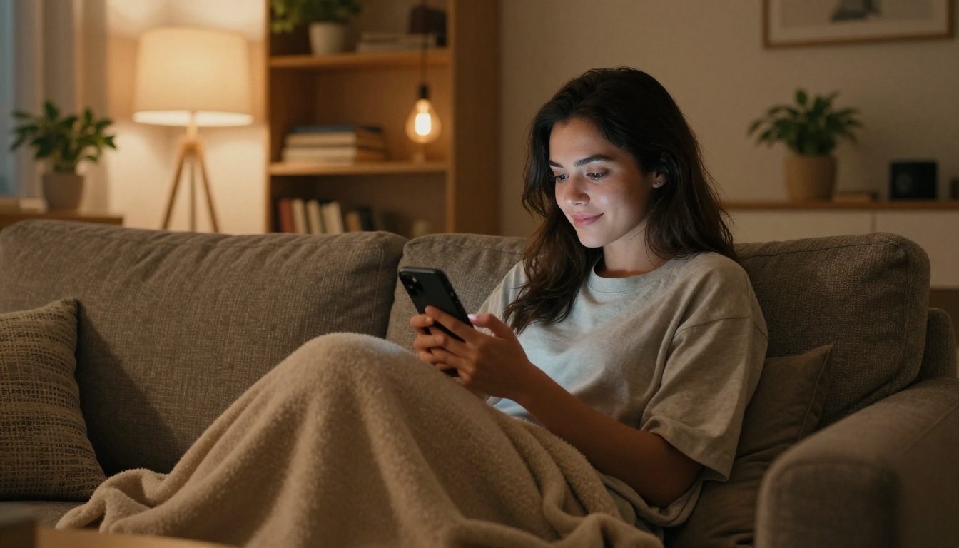 Woman curled up on a comfortable sofa with a blanket and phone, warm amber evening light Woman curled up on a comfortable sofa with a blanket and phone, warm amber evening light