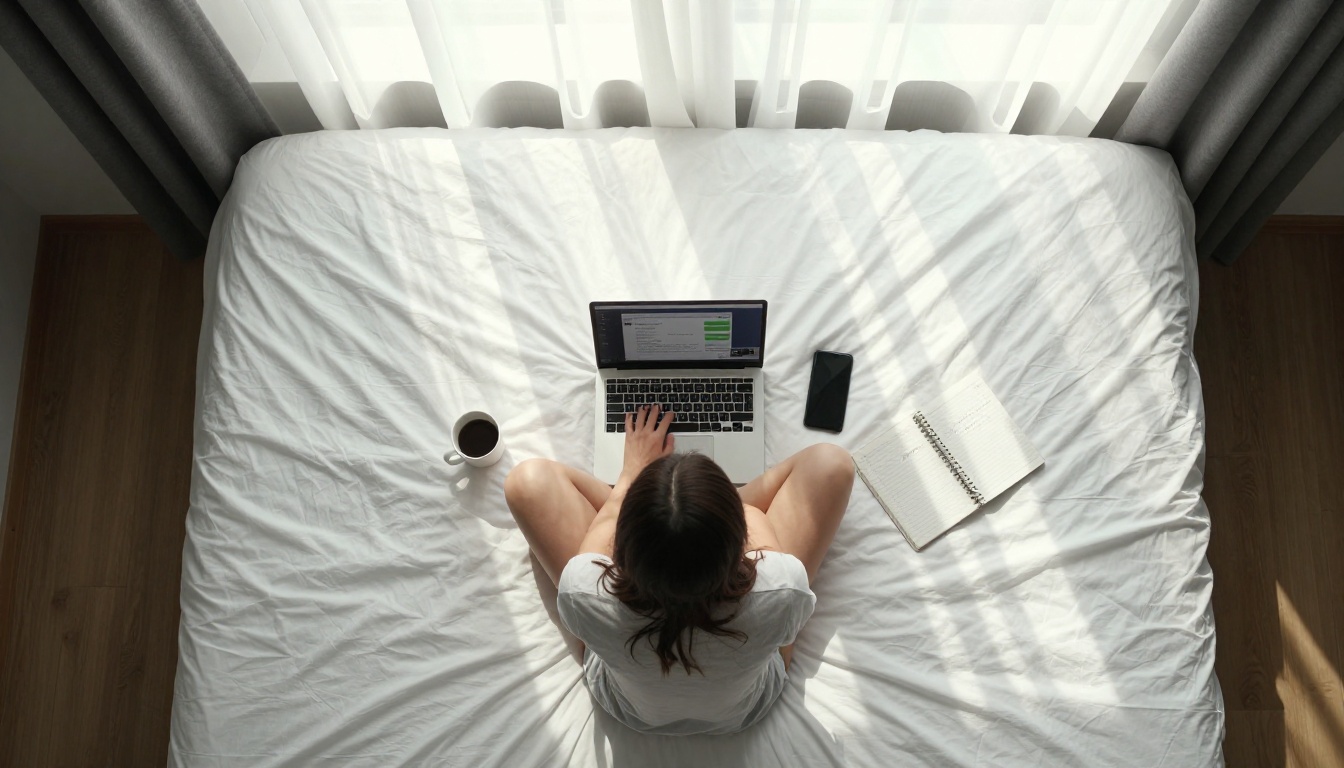 Aerial bird's eye view of a person cross-legged on a bed with laptop and phone, morning light casting rectangular patterns across white bedding Aerial bird's eye view of a person cross-legged on a bed with laptop and phone, morning light casting rectangular patterns across white bedding
