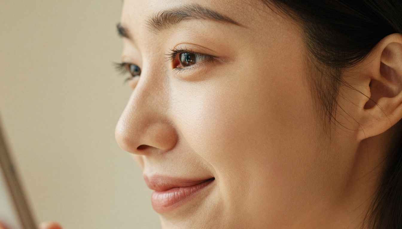 Close-up profile portrait of a woman with soft side window lighting, subtle smile, warm cream background Close-up profile portrait of a woman with soft side window lighting, subtle smile, warm cream background