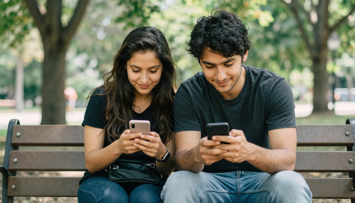 Man and woman sitting on a park bench in afternoon sunlight, both looking at their phones, shoulders nearly touching Man and woman sitting on a park bench in afternoon sunlight, both looking at their phones, shoulders nearly touching