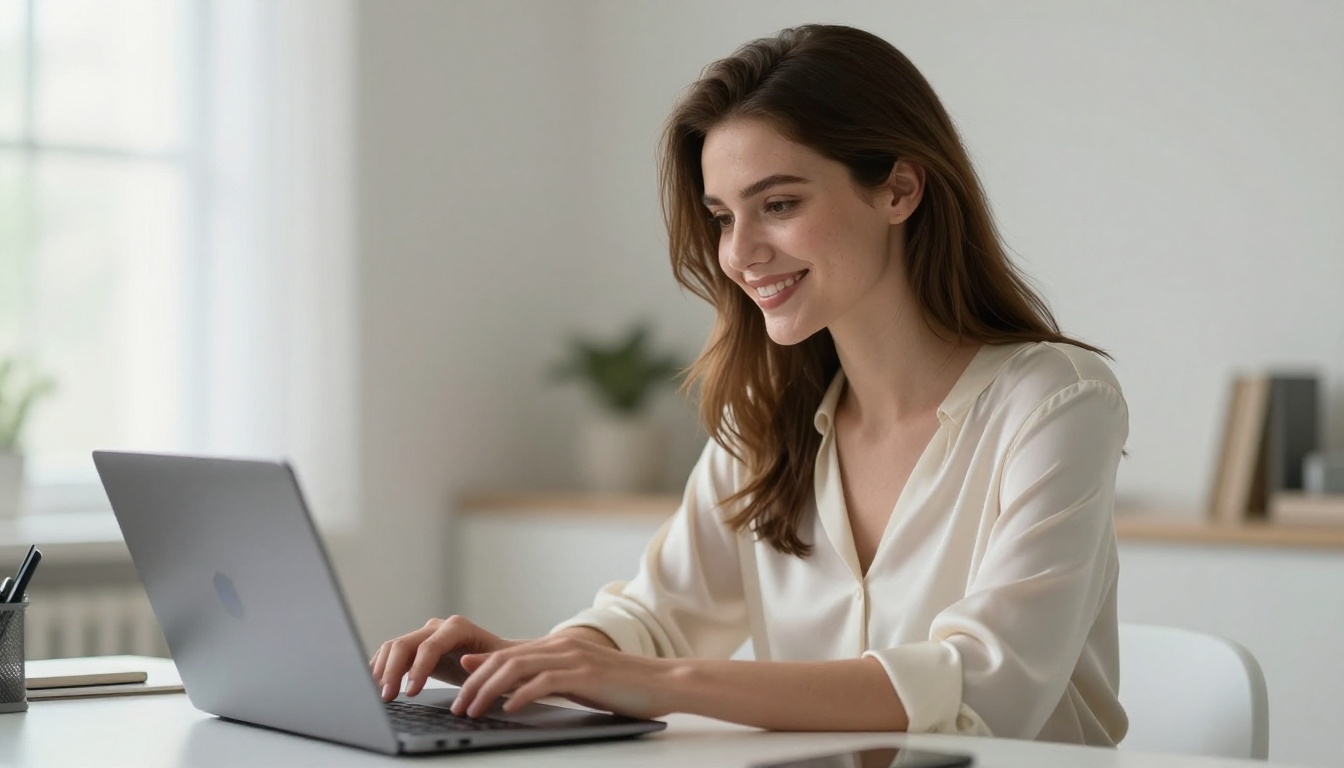 A woman sits at a bright home office desk looking at a laptop with a warm smile, natural daylight A woman sits at a bright home office desk looking at a laptop with a warm smile, natural daylight