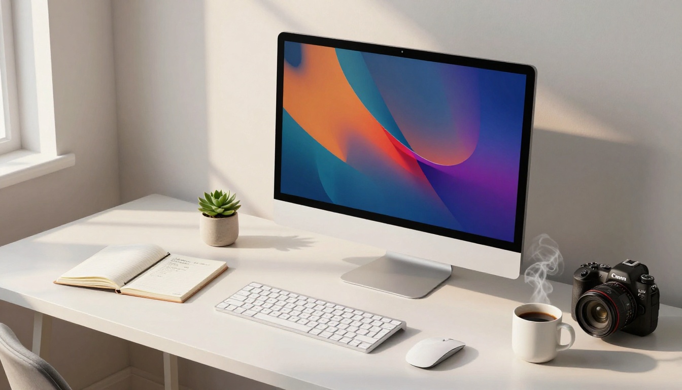 Professional creative workstation with portrait displayed on monitor, warm ambient lighting for AI portrait editing workflow Professional creative workstation with portrait displayed on monitor, warm ambient lighting for AI portrait editing workflow