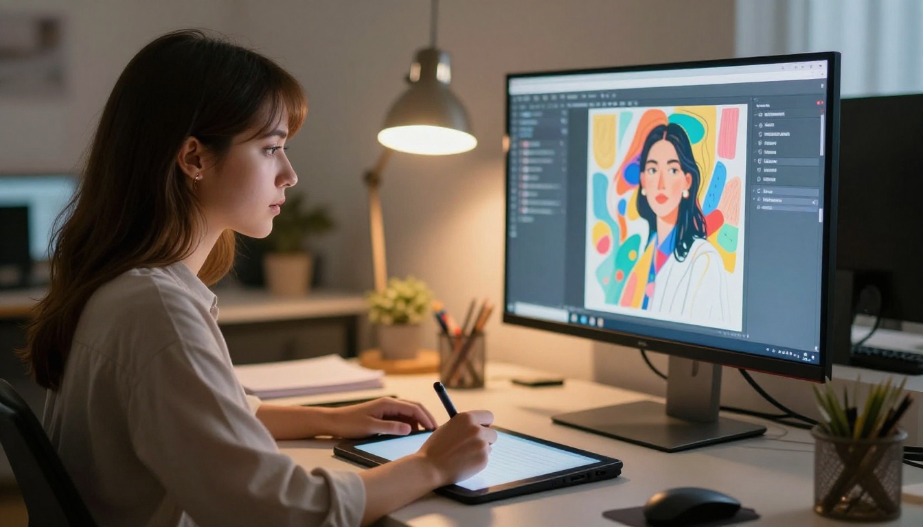 Young creative professional woman working at digital workstation editing portrait artwork with drawing tablet Young creative professional woman working at digital workstation editing portrait artwork with drawing tablet