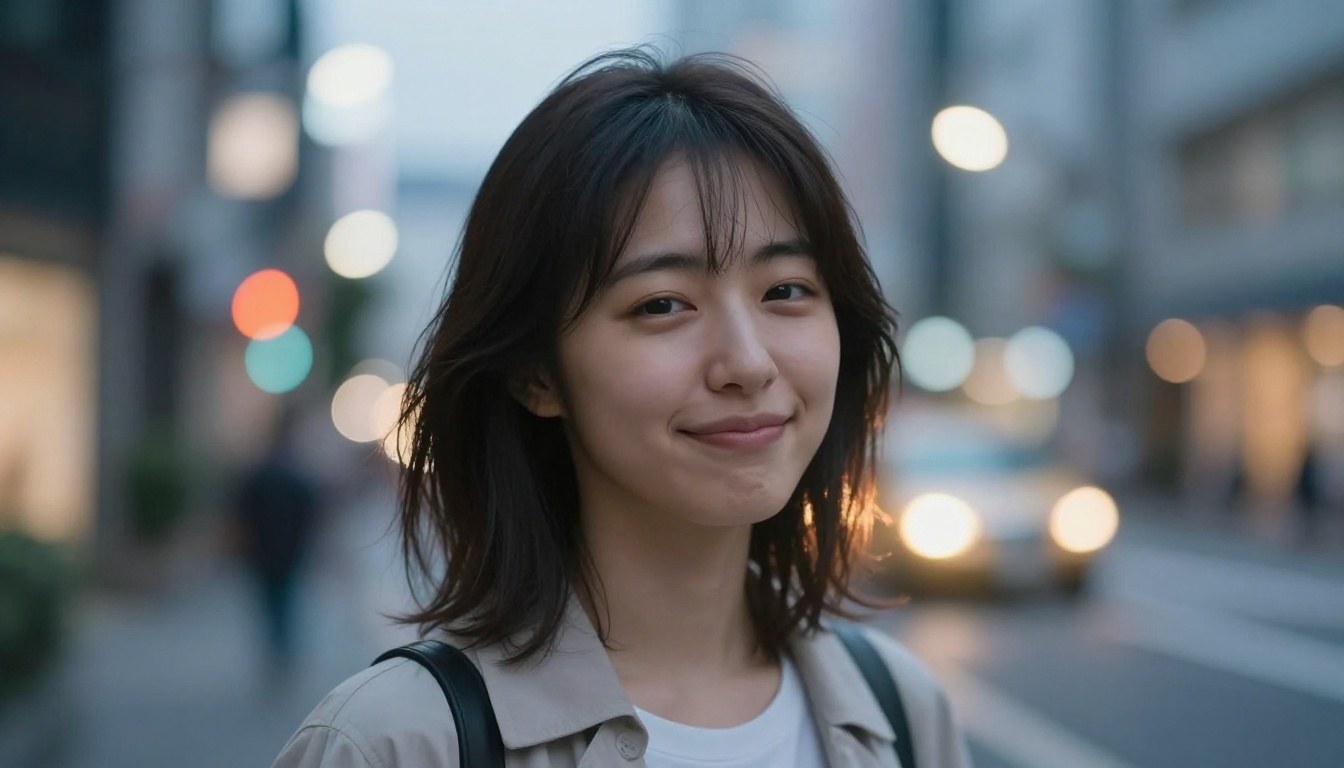 Portrait of young woman on street at dusk with natural bokeh and cinematic color grading Portrait of young woman on street at dusk with natural bokeh and cinematic color grading