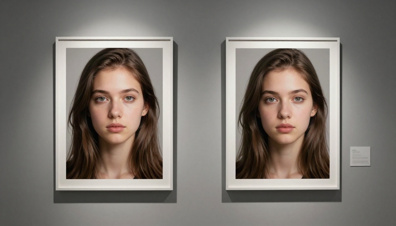 Two portrait art prints displayed in gallery setting showing comparison of portrait quality at different processing stages Two portrait art prints displayed in gallery setting showing comparison of portrait quality at different processing stages