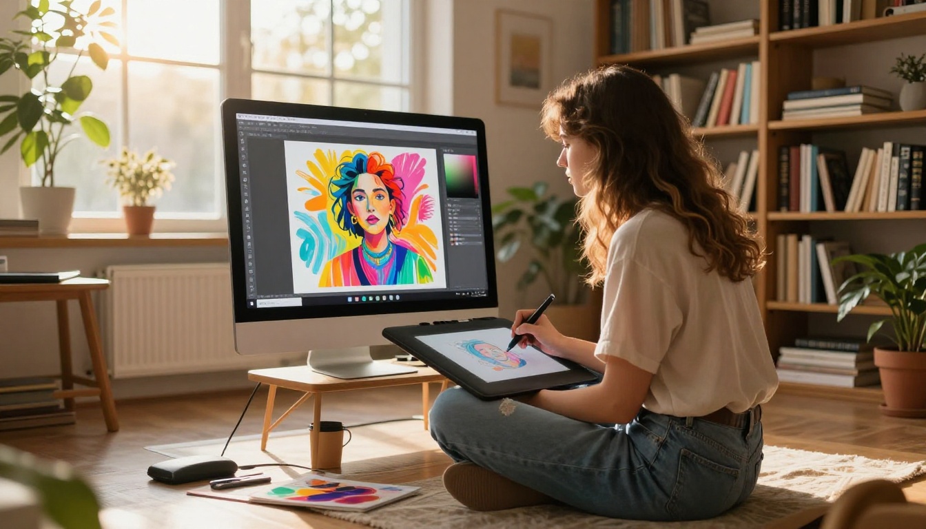 Young artist working with digital drawing tablet in sunlit studio creating anime portrait artwork Young artist working with digital drawing tablet in sunlit studio creating anime portrait artwork