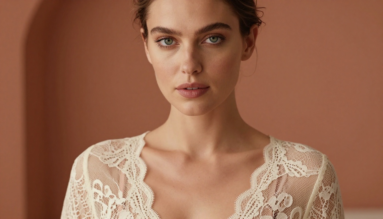 Close-up portrait of a woman with green eyes in a sheer ivory lace top, professional editorial lighting Close-up portrait of a woman with green eyes in a sheer ivory lace top, professional editorial lighting