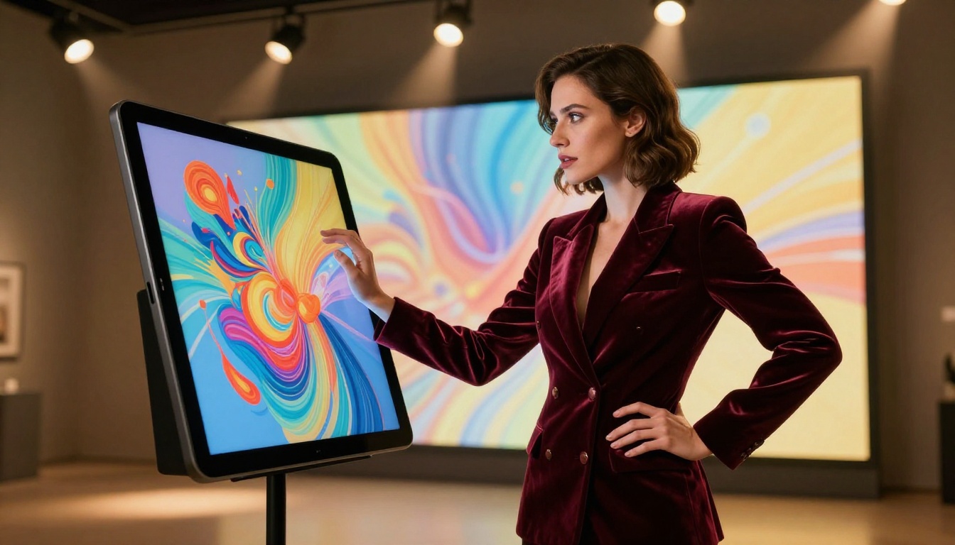 A woman stands before an illuminated art display in a gallery setting, one hand resting on the glowing screen A woman stands before an illuminated art display in a gallery setting, one hand resting on the glowing screen