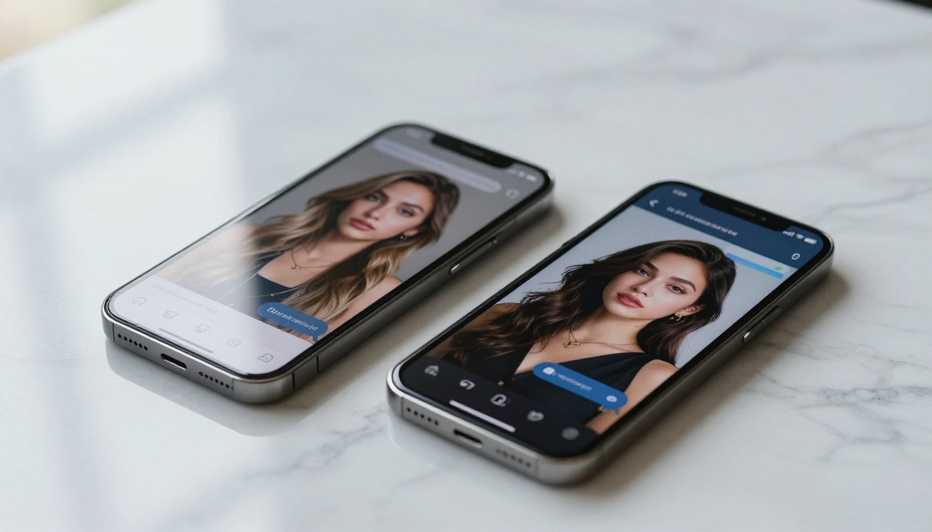 Two smartphones side by side on white marble showing different AI companion chat interfaces, natural window light Two smartphones side by side on white marble showing different AI companion chat interfaces, natural window light