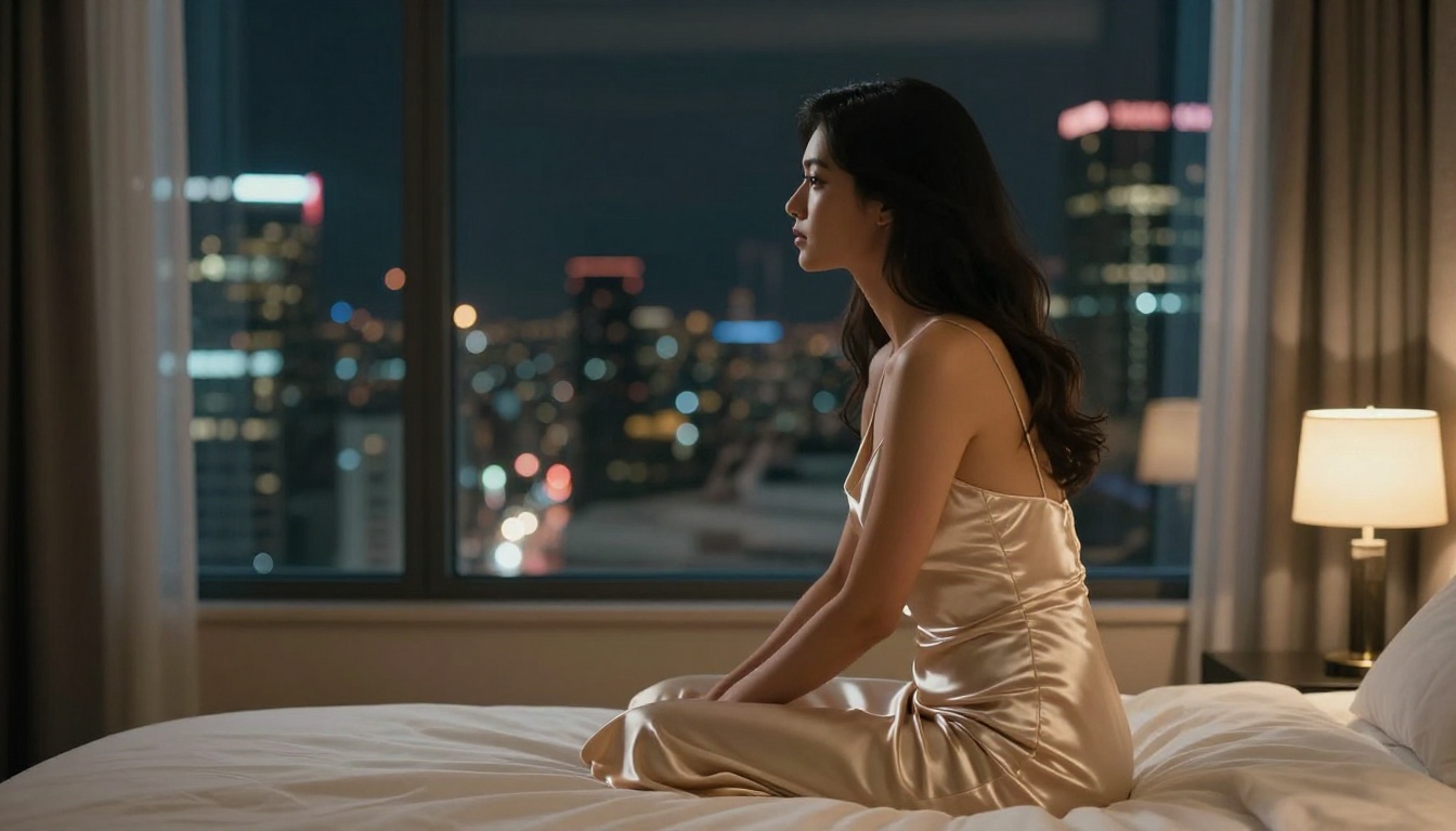 A woman sits pensively on a hotel bed looking toward city lights through a floor-to-ceiling window at night A woman sits pensively on a hotel bed looking toward city lights through a floor-to-ceiling window at night